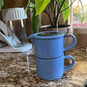 Elegant Blue Ceramic Teapot and Cup Set